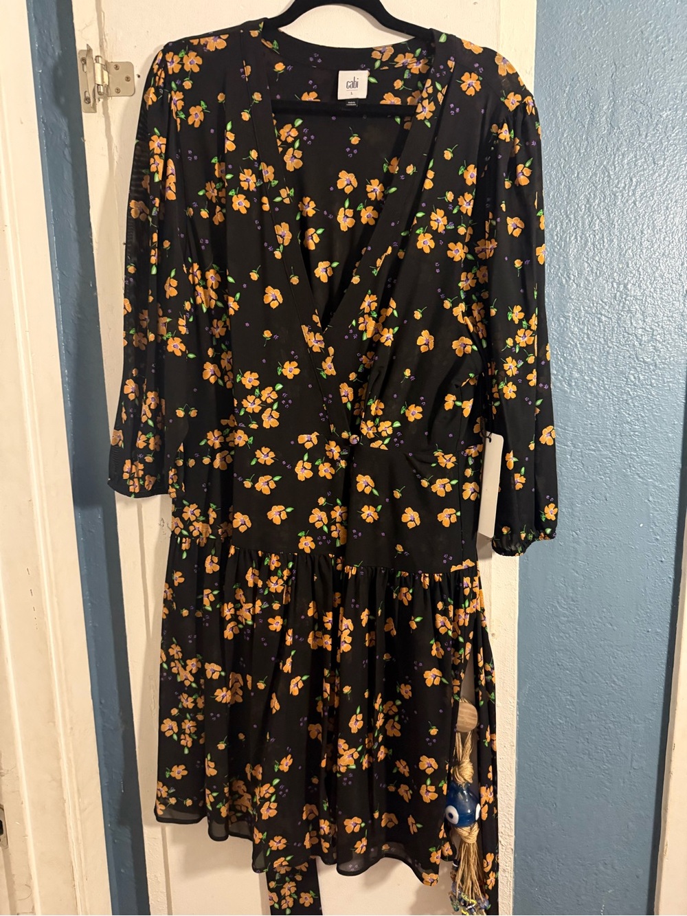 CAbi Black Floral Wrap Dress with Yellow Blossoms